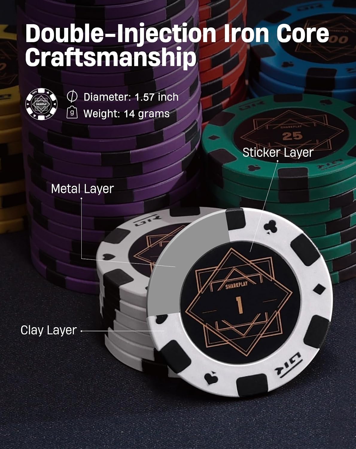 14g Clay Poker Chips Set for Texas Hold'em, 500 PCS Casino Numbered Chips with High-end Carrying Case & Dealer Button