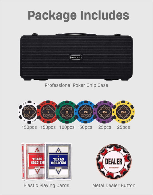 14g Clay Poker Chips Set for Texas Hold'em, 500 PCS Casino Numbered Chips with High-end Carrying Case & Dealer Button