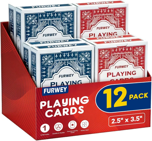 FURWEY 12 Packs Playing Cards, Poker Size Standard Index, Red and Blue