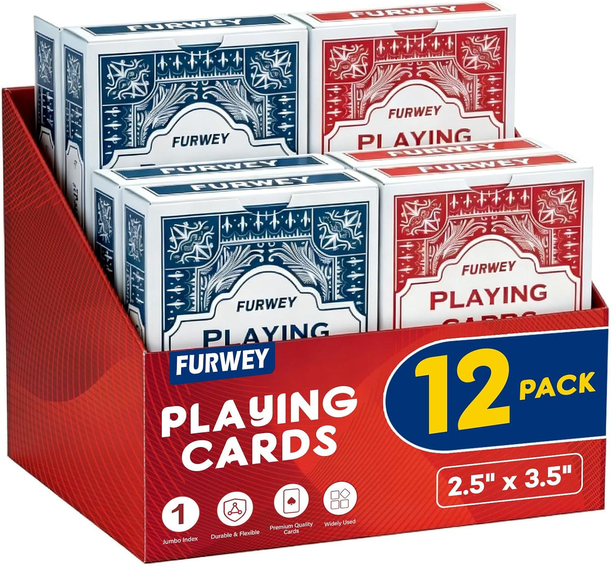 FURWEY 12 Packs Playing Cards, Poker Size Standard Index, Red and Blue
