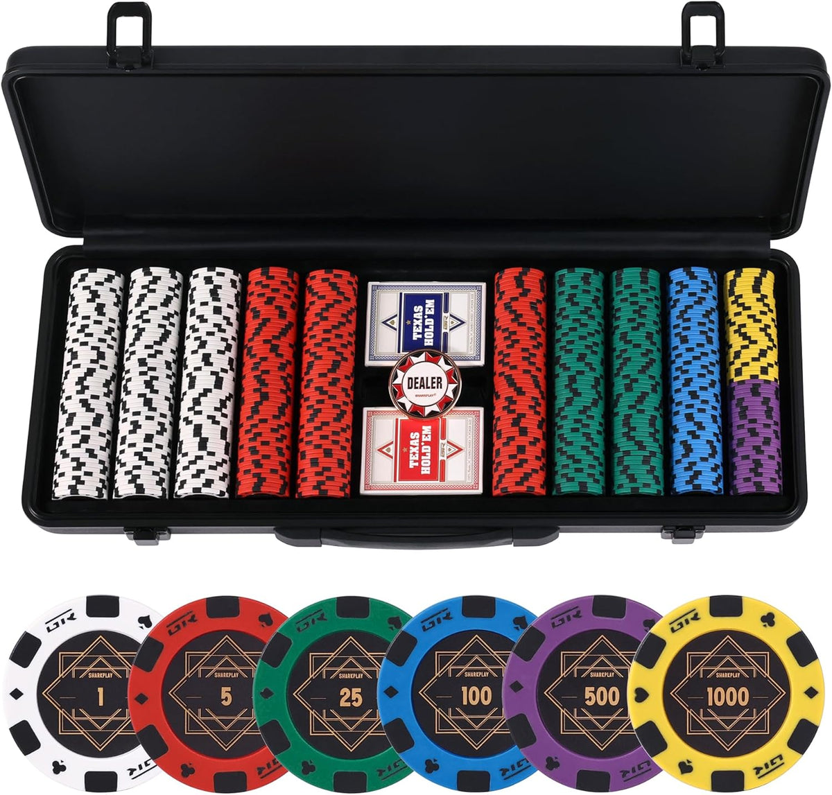 14g Clay Poker Chips Set for Texas Hold'em, 500 PCS Casino Numbered Chips with High-end Carrying Case & Dealer Button