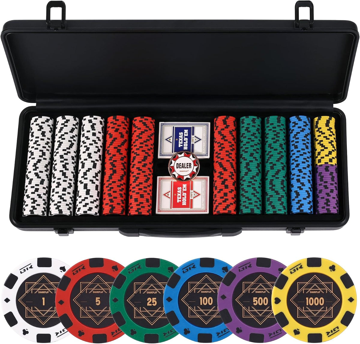 14g Clay Poker Chips Set for Texas Hold'em, 500 PCS Casino Numbered Chips with High-end Carrying Case & Dealer Button