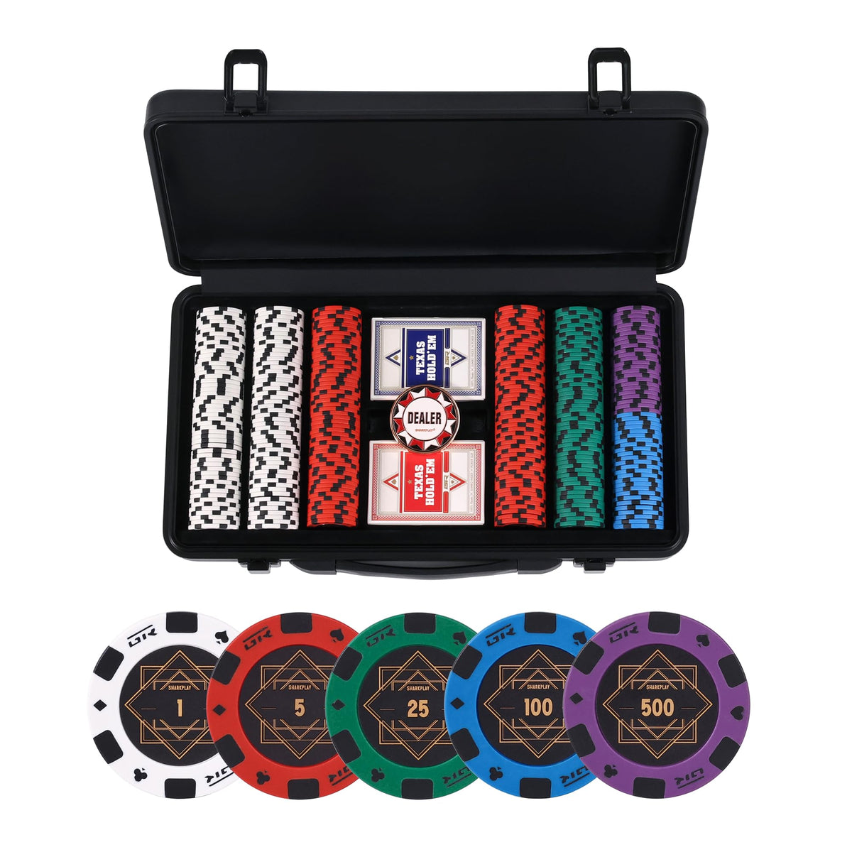 14g Clay Poker Chips Set for Texas Hold'em, 500 PCS Casino Numbered Chips with High-end Carrying Case & Dealer Button